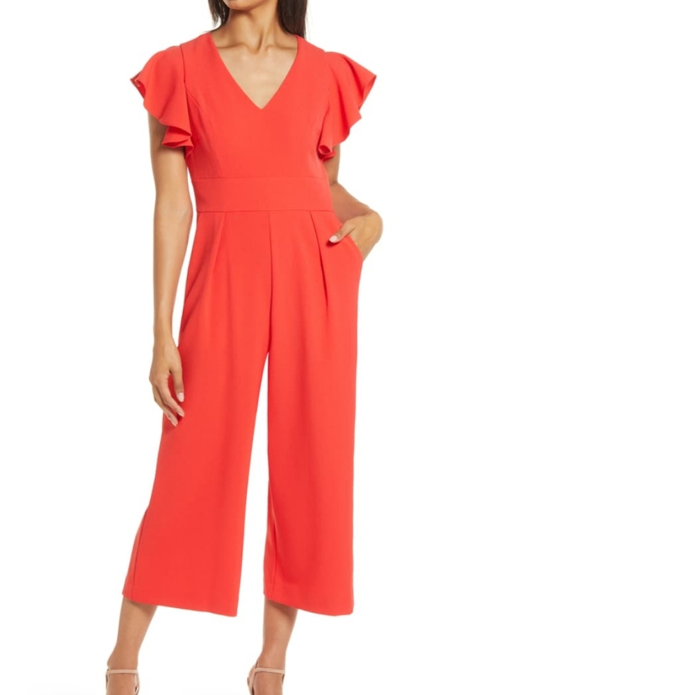 Eliza J ruffle sleeve jumpsuit in Burgundy